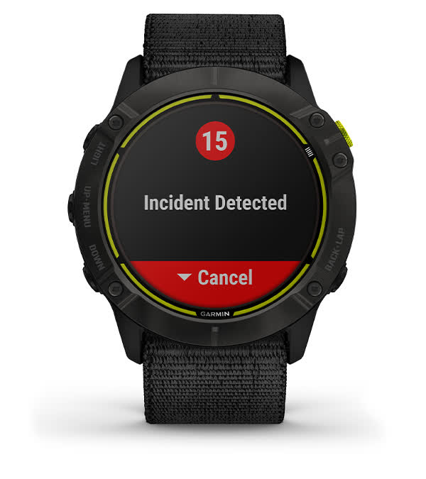 Якщо ви не відчуваєте себе у безпеці, або якщо годинник Enduro зареєстрував аварію, функції допомоги та визначення аварій передадуть ваші координати екстреним контактам