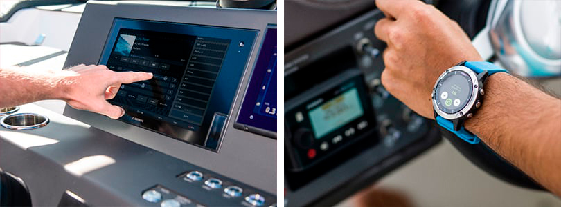 Технологія Fusion-Link дозволяє управляти програванням аудіо з екрана багатофункціонального дисплея, а також з сумісного годинника Garmin