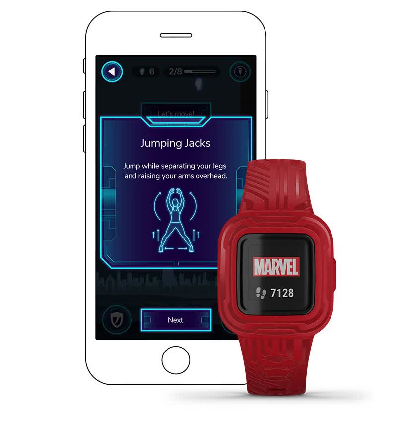 У додатку Garmin Jr.3™ ваша дитина отримає додаткову мотивацію більше рухатись за допомогою спортивних карток з пізнавальними фактами та розучуванням популярних вправ дорослих спортсменів