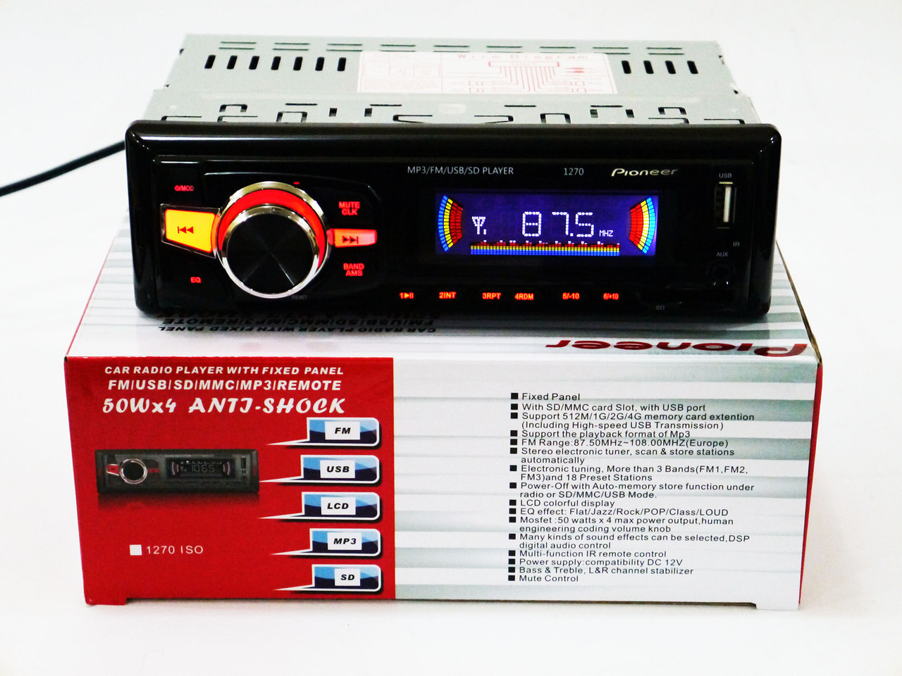 Магнитола Pioneer 1270 автомобильная универсальная ISO USB флешки + SD карты памяти + AUX + FM (4x50W)