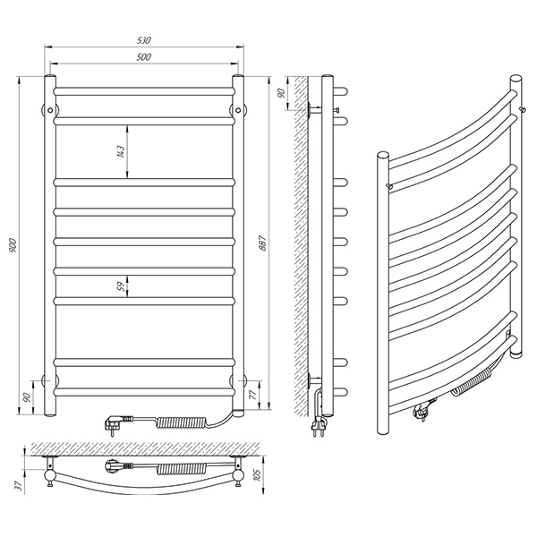 Схема - Рушникосушарка Laris Класік П9 500 х 900 Е (підкл. справа)