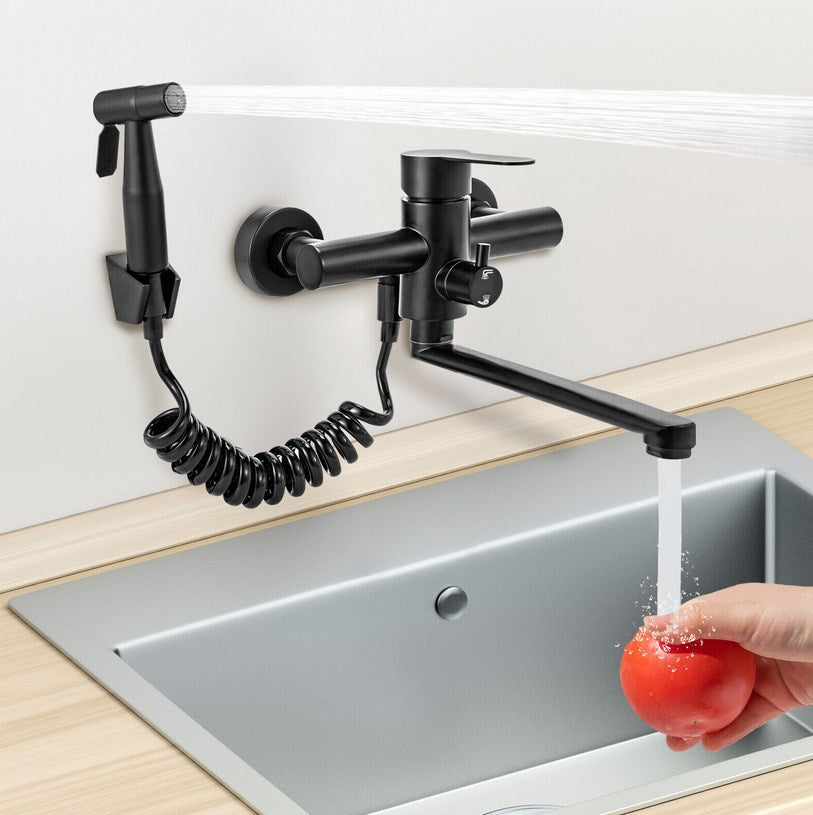 CNCEST 360° drehbar Küchenarmatur Wandmontage Wandmischbatterie mit Spritzpistole und 3 Wasserstrahlarten