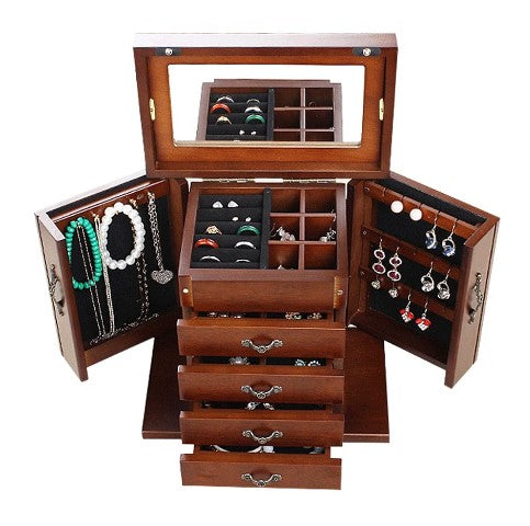 Schmuckkasten aus Holz Große Schmuckschatulle mit 4 Schubladen und Spiegel für Ohrringe Armbänder Ringe