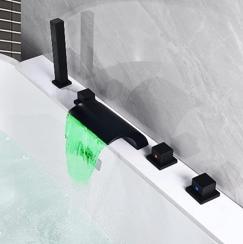 5 Einheiten Wasserfall Badewannenarmatur mit LED Licht Schwarz Ausziehbar Handbrause Einziehbar Schlauch