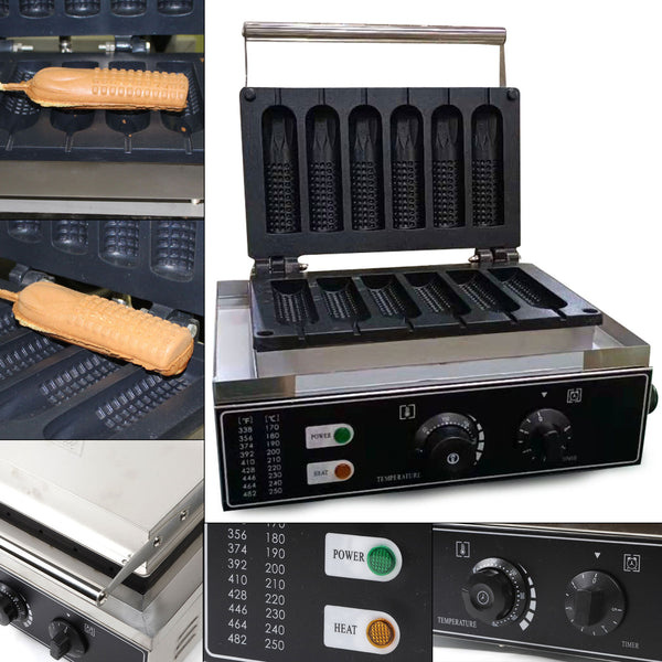 CNCEST 1500W 6 PCS Hot Dog Waffeleisen Kommerziell Waffeleisen Muffinwurstwaffeln