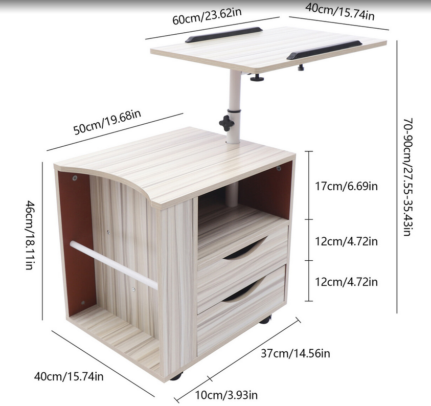 Funktioneller drehbarer Nachttisch verstellbar mit Schubladen, Rollen, mobiler drehbarer Nachttisch mit offener Ablagefläche