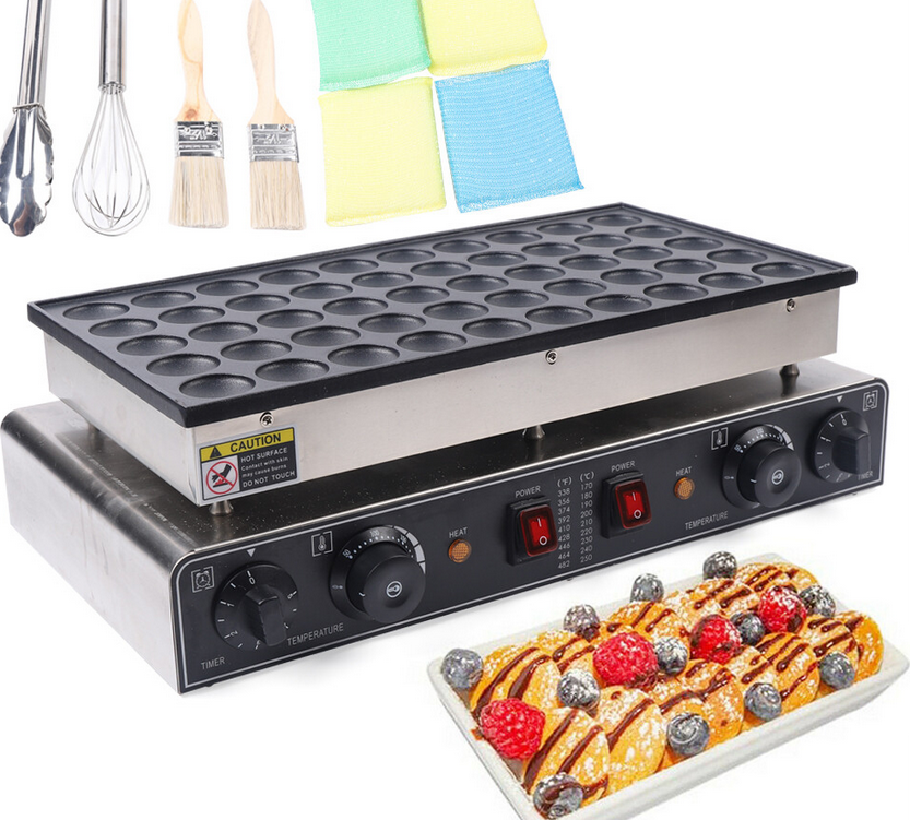 50 Löcher Elektro Mini Holländischer Pfannkuchenmaschine Antihaft Pancakes Maker Pfannkuchenpfanne + 2* Bürsten