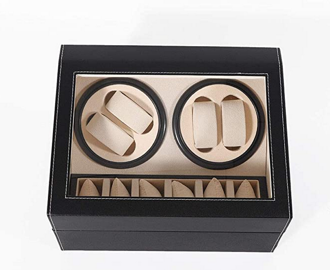 Uhrenbox PU 4+6 Automatik-Rotations-Uhrenbox mit 10 Abnehmbare Kissen (Schwarz/Braun)