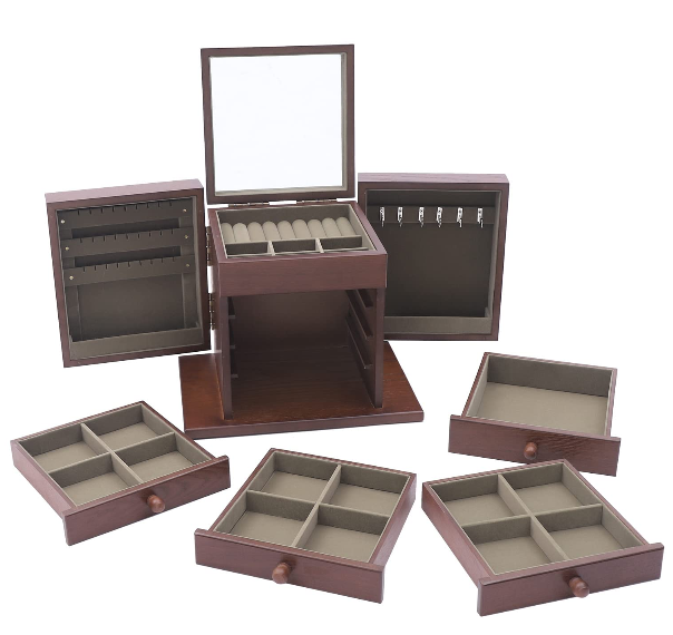 Schmuckkasten Holz Schmuckkästchen mit 5 Ebenen und Spiegel Schmuckaufbewahrung Braun Schmuckbox