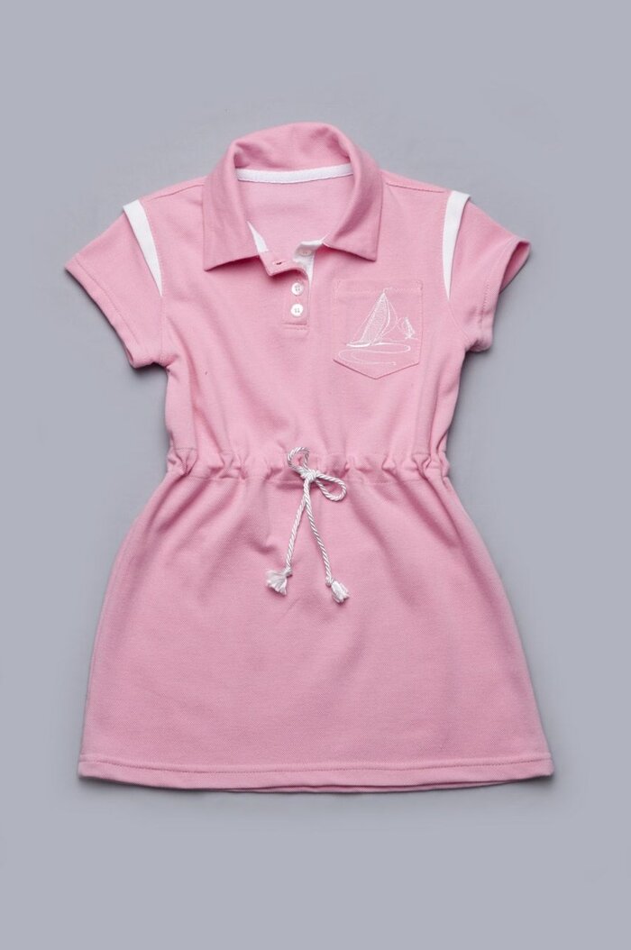 Детское летнее платье из лакосты с кантиком и вышивкой для девочки розовое
