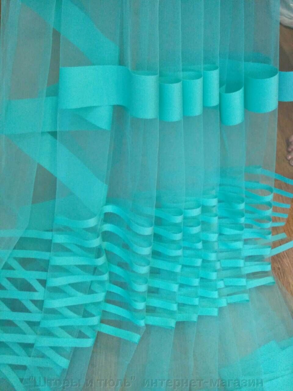 Тюль фатин с полосой однотонная бирюзового цвета