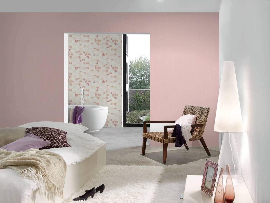 Однотонные обои для светлой спальни, пастельного оттенка розовой пудры, моющиеся виниловые и флизелиновые, немецкого производства