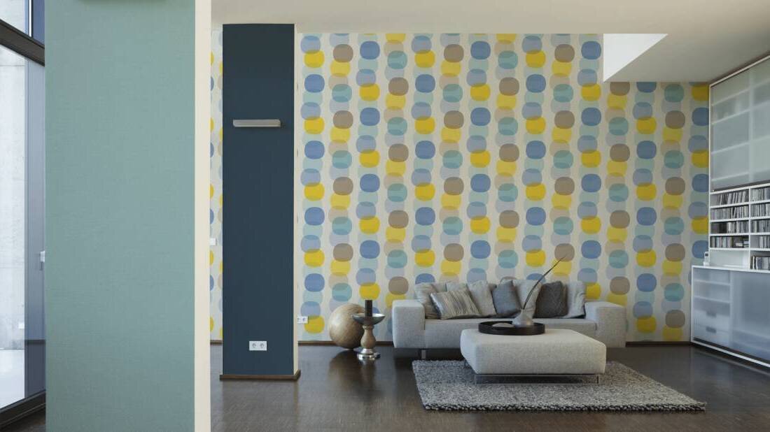 Яркие обои для гостиной и спальни, геометрия с крупными шарами и кругами, желтого голубого и синего цвета