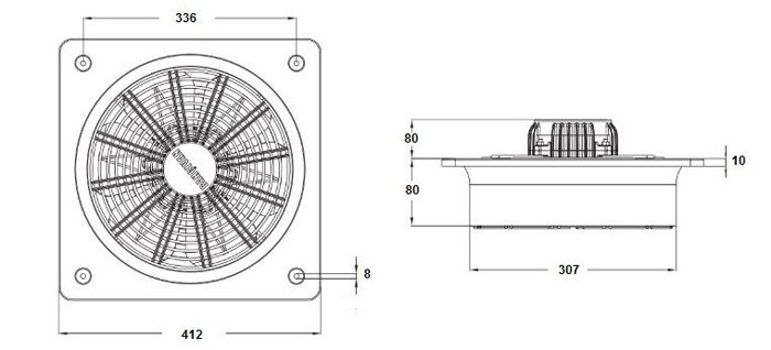 Габаритные размеры осевого вентилятора Bahcivan BSMS 300-4K