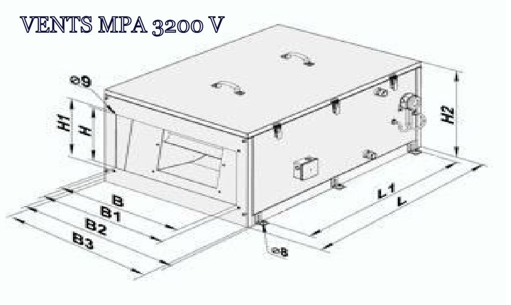Габаритные размеры приточной вентиляционной установки МПА 3200 В