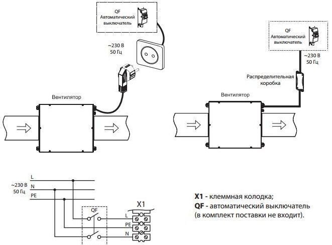 Схема и пример подключения к напряжению канального вентилятора
