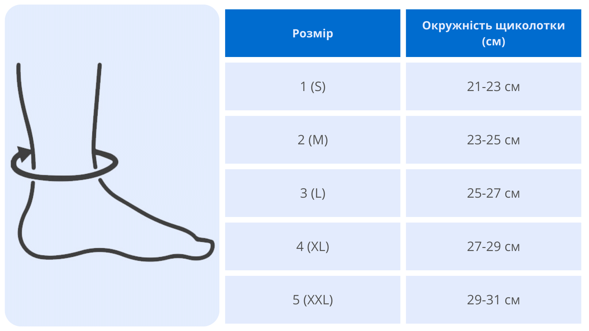 Размерная таблица бандажа для фиксации ахиллова сухожилия Aurafix 409