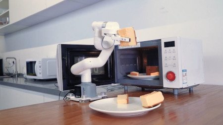 Küchenhilfe - er kann das Brot aus der Mikrowelle nehmen und auf einen Teller legen.
