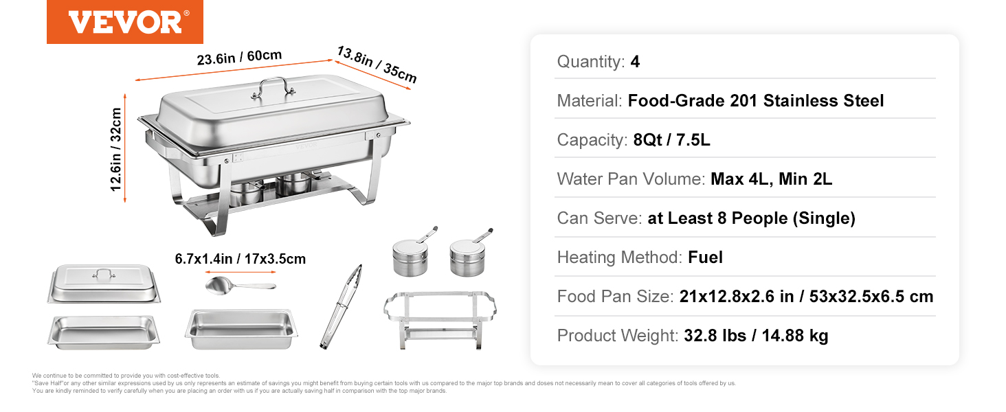 Подогреватель продуктов VEVOR из нержавеющей стали 4 x 7,5 л Набор посуды для разогрева 4 шт.