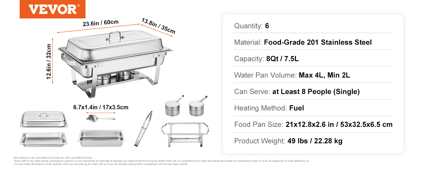 EVOR 6-piece Chafing Dish Professional Set Warming Container Stainless Steel Buffet Set Rectangular 6 x 7.5 L, Food Warmer 53 x 32.5 x 6.5 cm Each container, for buffets, family celebrations, banquets, weddings, etc.
