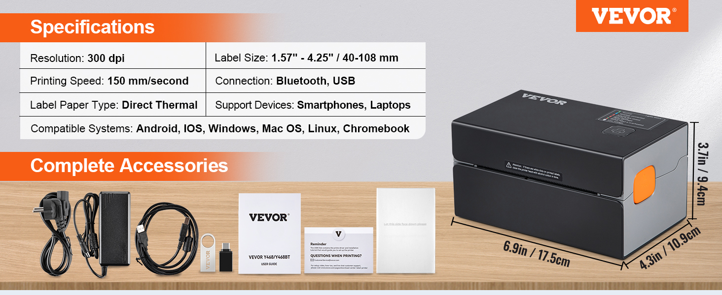 VEVOR Термальный принтер этикеток Принтер этикеток 175x109x94 мм Разрешение 300 точек на дюйм Принтер этикеток Доставка Принтер этикеток Bluetooth/USB Автоматическое распознавание этикеток Windows Mac OS Linux Chromebook