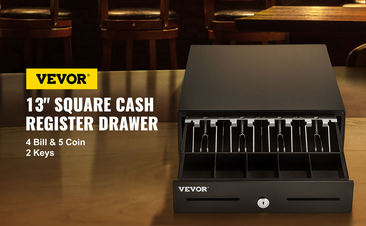 Грошовий ящик VEVOR 13-дюймовий квадратний грошовий ящик 2 способи відкриття чорний 4 відділення для купюр та 5 відділень для монет для продуктового банку, офісу, кафе, супермаркетів, бару