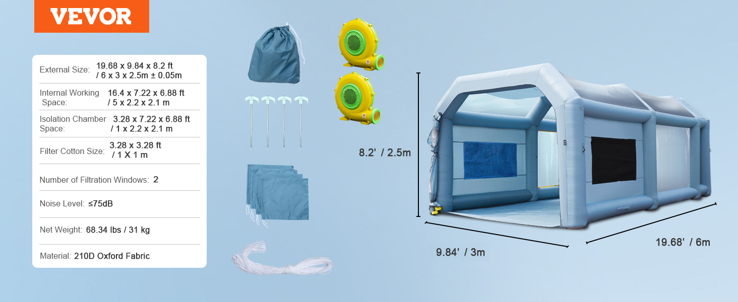 VEVOR Портативная надувная палатка для рисования распылением 480 + 750 Вт, 5 x 2,2 x 2,1 м Защита от распыления лакокрасочная будка для DIY проектов, хобби лакокрасочный станок, синий 210D Оксфорд ткань автомобильная лакокрасочная будка