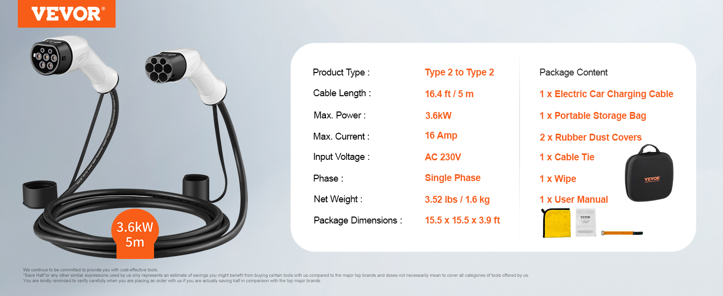 Зарядный кабель VEVOR тип 2 Зарядное устройство для электромобилей и гибридов 3,6 кВт длина кабеля 5 м 1-фазный 230 В