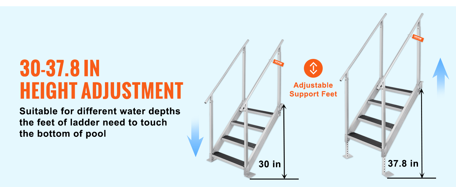 Лестница для купания VEVOR 4 ступени с двумя поручнями Лестница для лодок 800x1850x1750 мм Лестница для бассейнов из алюминиевого сплава Лестница 250 кг грузоподъемности 55x10 см Педали Идеально подходит для гаваней Лодки Бассейны