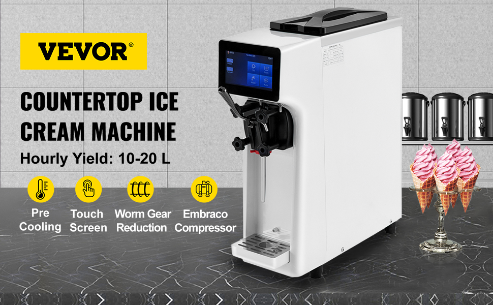 Машина для виготовлення морозива VEVOR, виробництво 10-20 літрів на годину, комерційна машина для виготовлення м'якого морозива з компресором потужністю 430 Вт, система автоматичного очищення РК-екрану морозива потужністю 1000 Вт, настільна машина для виготовлення м'якого морозива для громадського харчування