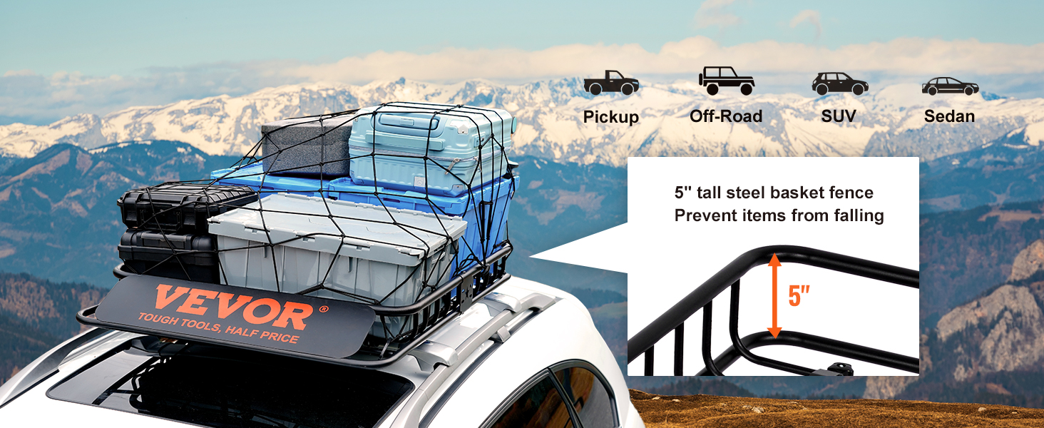 Roof Rack Basket Car Roof Rack Universal 1305 x 915 x 127 mm, Roof Rack Tub incl. Bag 90 kg Load Capacity Rail Carrier Cargo Luggage Rack Black for Camping, Travelling etc.