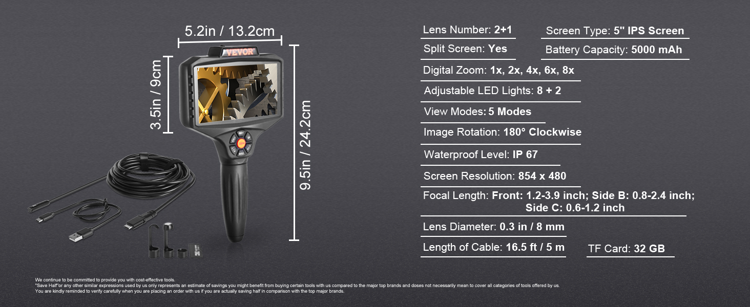 VEVOR инспекционная камера труба камера эндоскоп камера тройной объектив 5 IPS экран 854x480 5м кабель 5000mAh аккумулятор для 5-6ч канализации камера IP67 эндоскоп