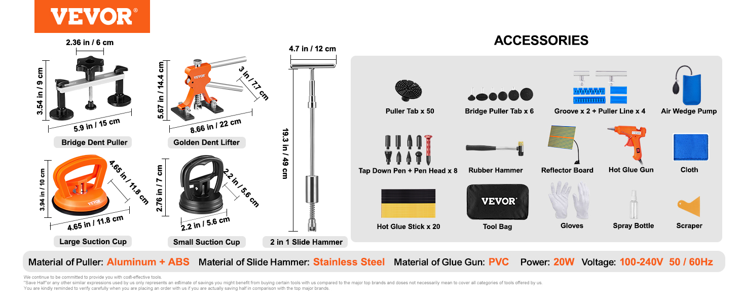 VEVOR 107 Piece Dent Repair Kit Suction Cup Lifter Bridge Dent Puller 2 in 1 Slide Hammer, 50 x Puller Tabs & 6 x Bridge Puller Tabs, инструмент для удаления вмятин, для автомобилей.