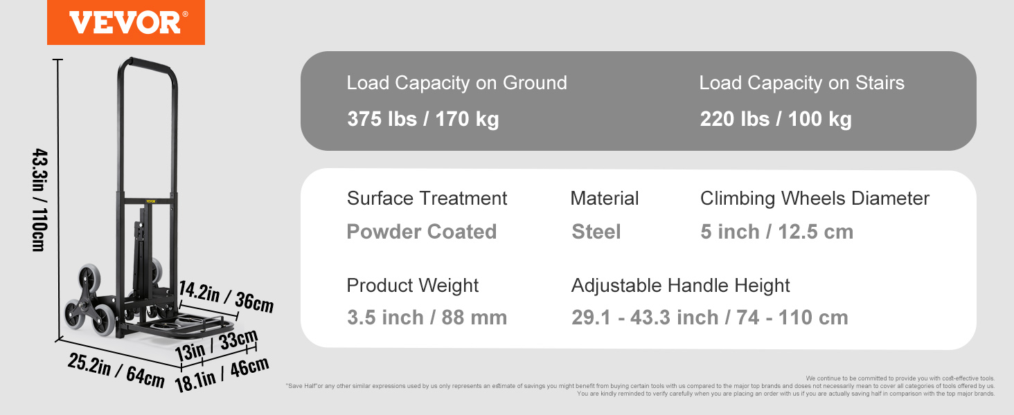 VEVOR мешок-тележка лестничный подъемник регулируемый по высоте 100-170 кг сталь
