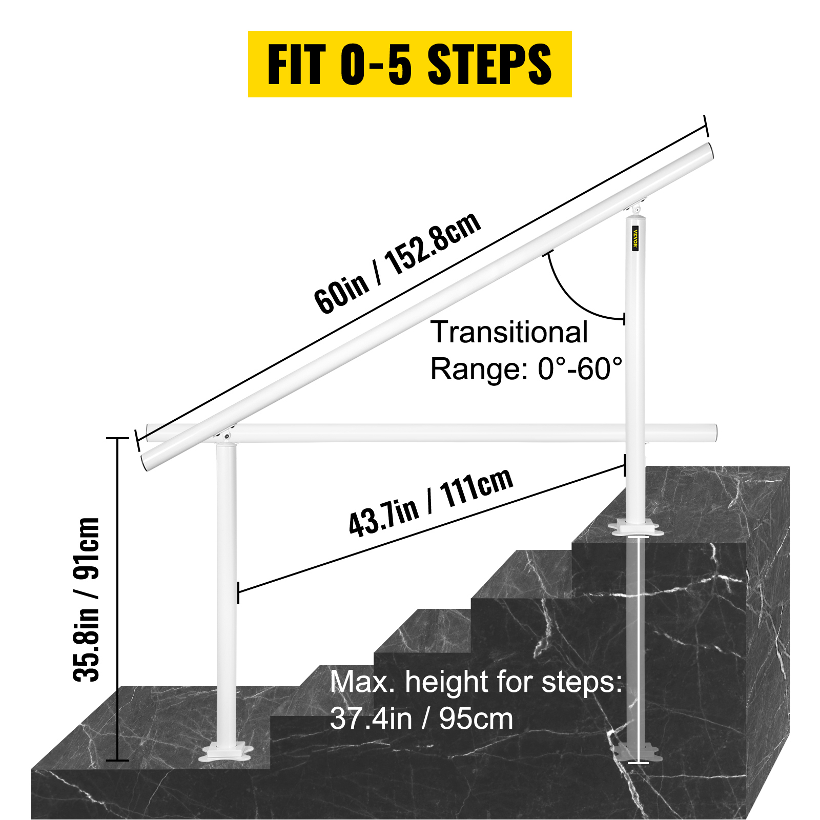 Комплект сходових поручнів VEVOR, 1,5 м поручнів 0-5 сходинок, регульований кут нахилу, білий алюмінієвий поручень для людей похилого віку, поручні для зовнішніх сходинок