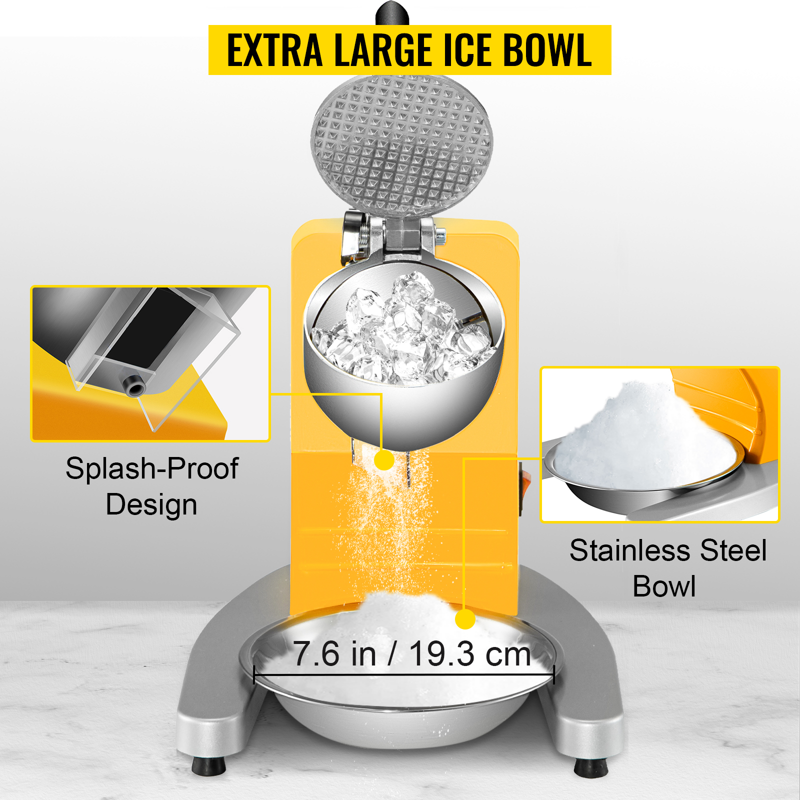 Електрична бритва для льоду VEVOR, електричний ріжок для льоду 300 Вт 95 кг/год з подвійним лезом, лоток для льоду 19,3х4,6 см, ріжок для льоду з нержавіючої сталі, дробарка для льоду жовтого кольору