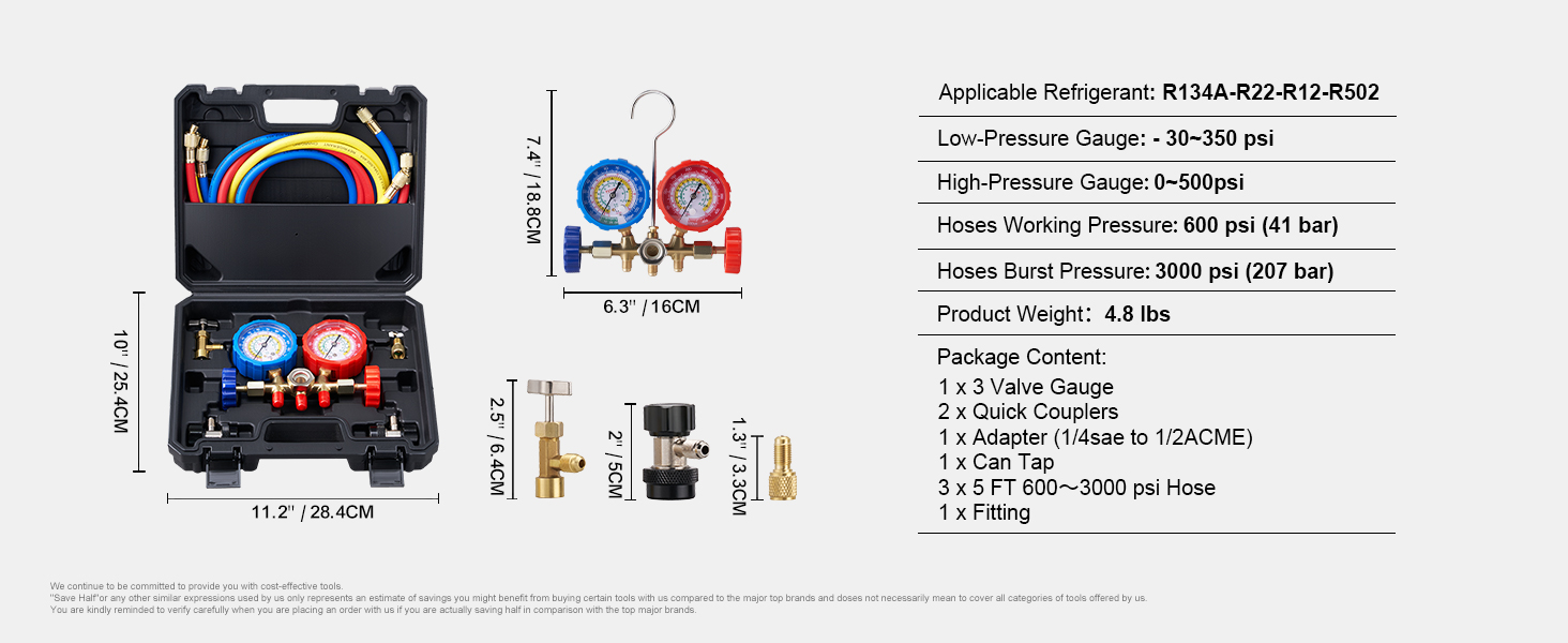 VEVOR Refrigerant Gauge 3-Way Car Refrigerant Manifold Gauge Set R134A-R22-R12-R502 Ac 4 Pcs 5 Feet Charge Hoses Refrigerant Gauge
