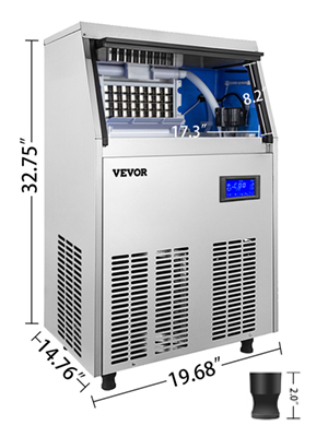 Комерційний льодогенератор VEVOR 50 кг 220 В Комерційний льодогенератор з нержавіючої сталі зі зливним насосом і РК-дисплеєм