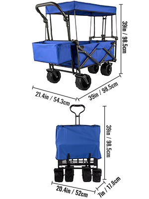 Садовий візок VEVOR Складаний 92,7 x 54,3 x 98,5 см Ручний візок складаний 100 кг Синій дах візка Пневматичні шини 600D Оксфордський поліестер Складаний