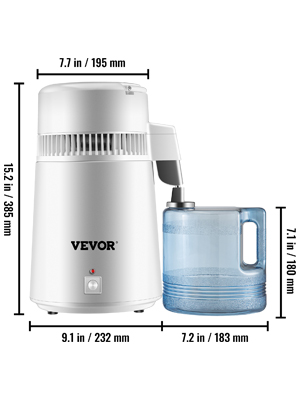 Дистилятор для питної води VEVOR, 750 Вт дистилятор для води 1,2-2 л/год дистилятор для води 29 x 29 x 39 см, біла нержавіюча сталь 304 з ручкою, термостат