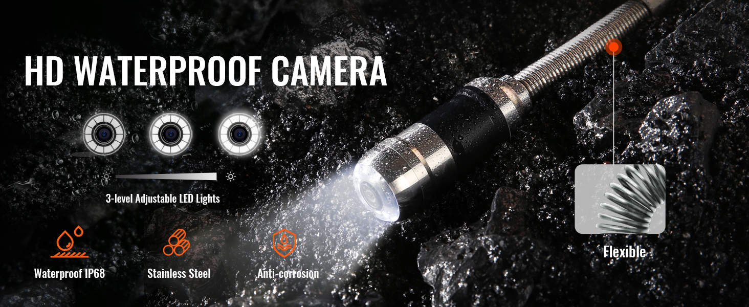 VEVOR камера для труб 30 м инспекционная камера канализационная камера эндоскоп 1000TVL инспекционная камера 130° угол обзора 25 мм диаметр камеры 4500 мАч аккумулятор