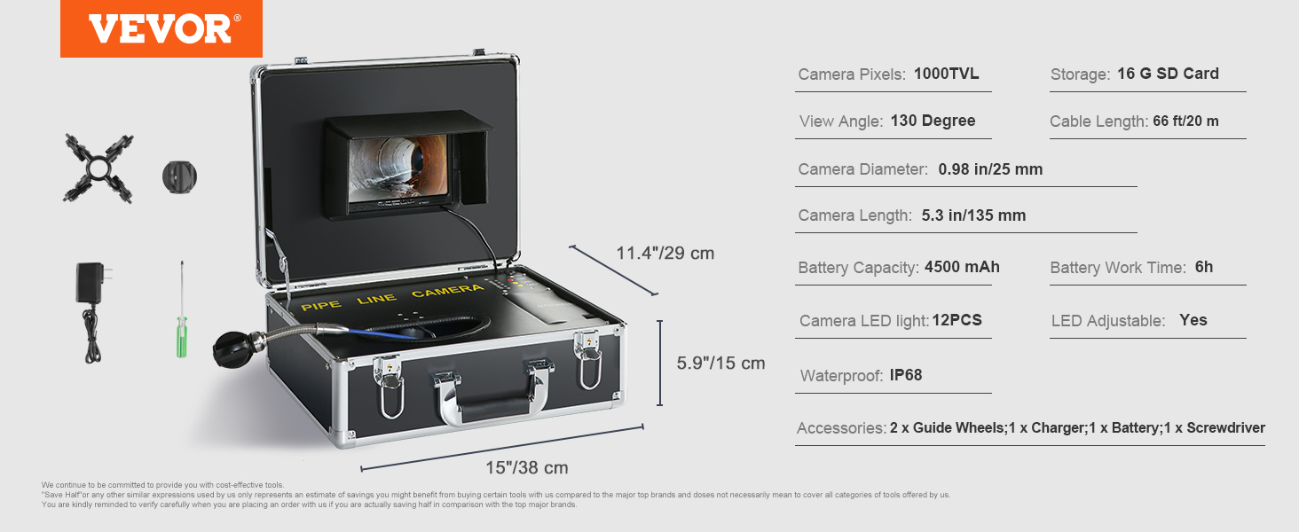 VEVOR труба камера инспекции камера 20 м промышленные 1000TVL эндоскоп канализации камера 16GB SD карты IP68 водонепроницаемый 480P цветной монитор Dvr 4500mAh