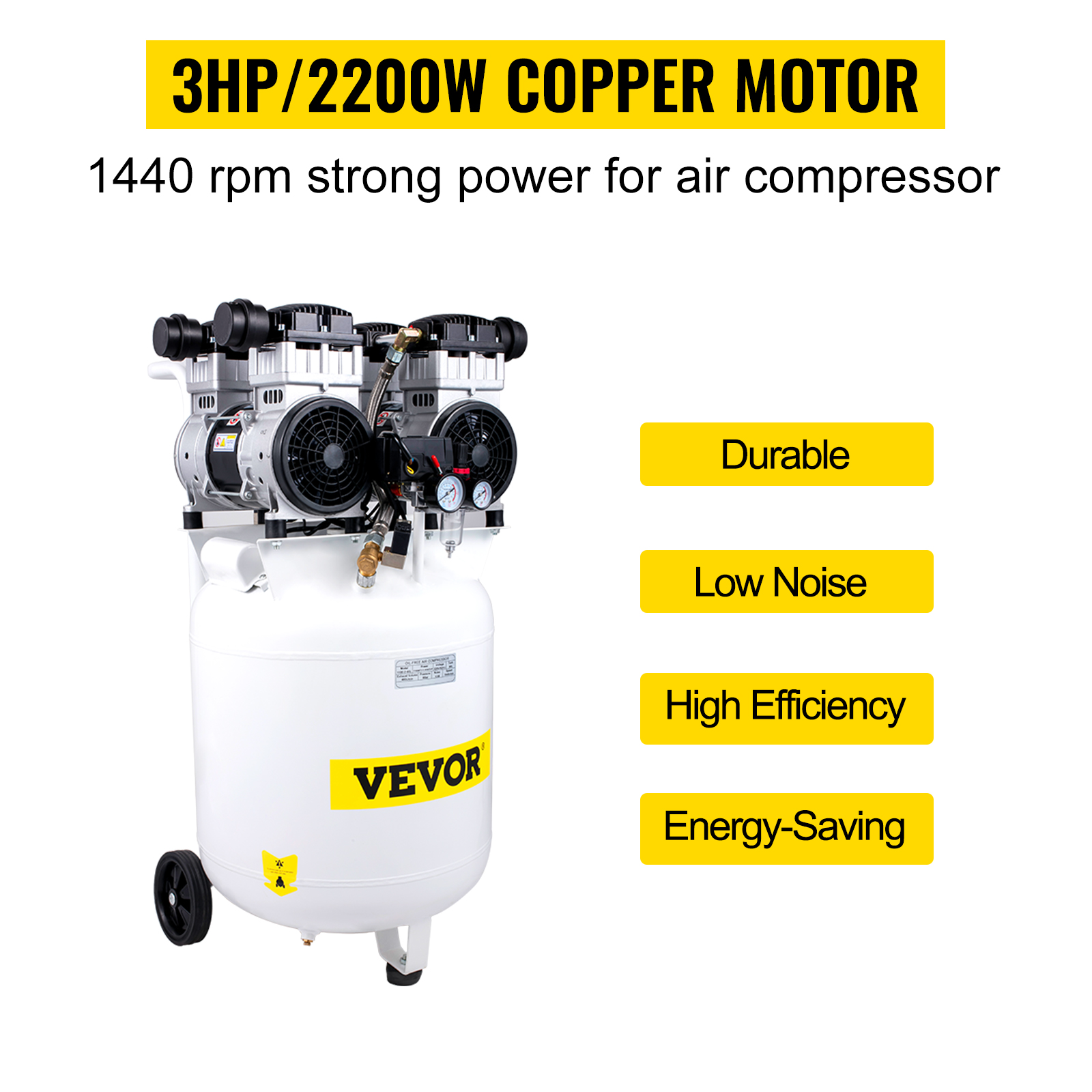 VEVOR Whisper Compressor 90л компресор Тихий 3к.с./2200Вт безмасляний повітряний компресор 115к.с. з кабелем 1.2м шепіт об'єм 88дБ повітряний компресор 400л/хв Ідеально підходить для майстерні шини велосипед