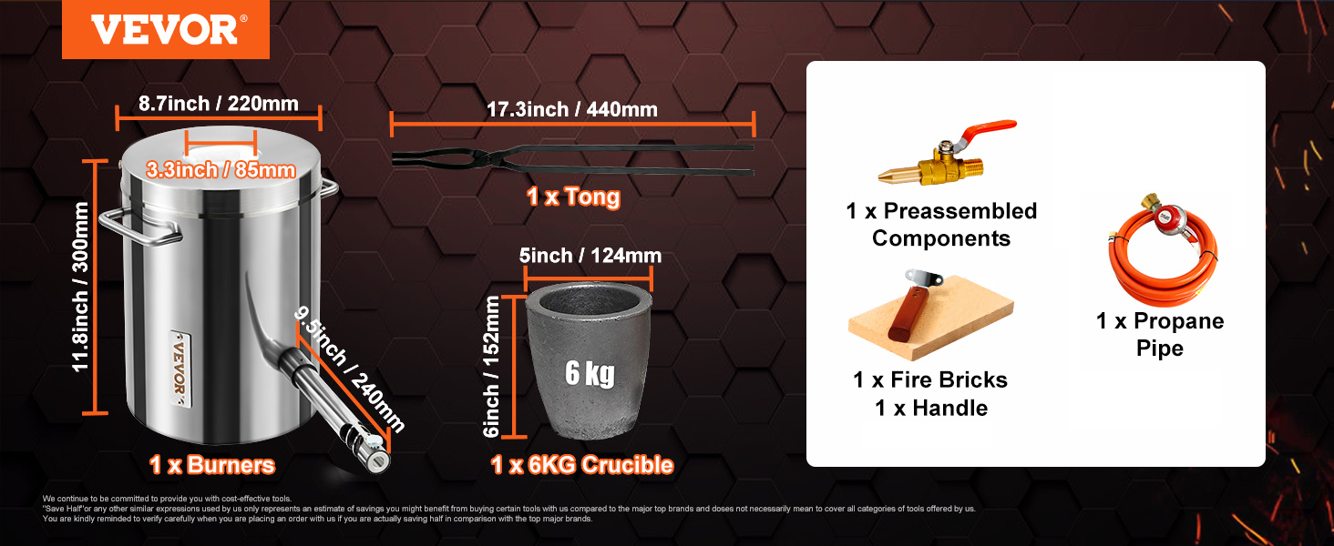VEVOR 6 кг пропановая плавильная печь набор плавильная печь из нержавеющей стали 1482 ℃ металлическая газовая печь