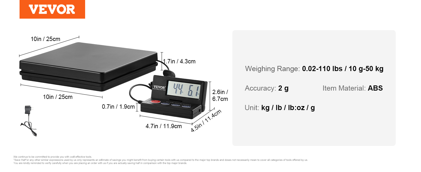 VEVOR платформенные весы 10г-50кг весы для посылок 2г точность цифровые весы кг/фунты/фунты:унция/г счетные весы 250x250x43мм ABS корпус Tare/Hold функции AC/DC источник питания промышленные весы весы письма весы