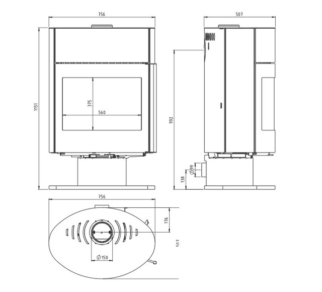 Размеры Color Stove J6 BLACK STEEL WHITE CERAMICS