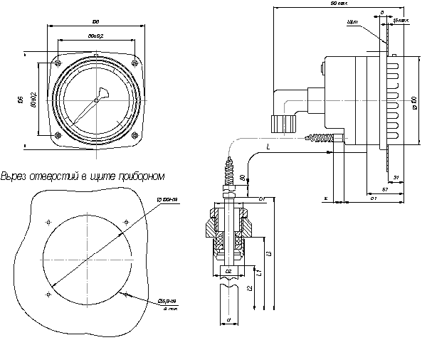 Габаритные размеры термометра газового ТКП-100-М1, ТКП-100Эк-М1