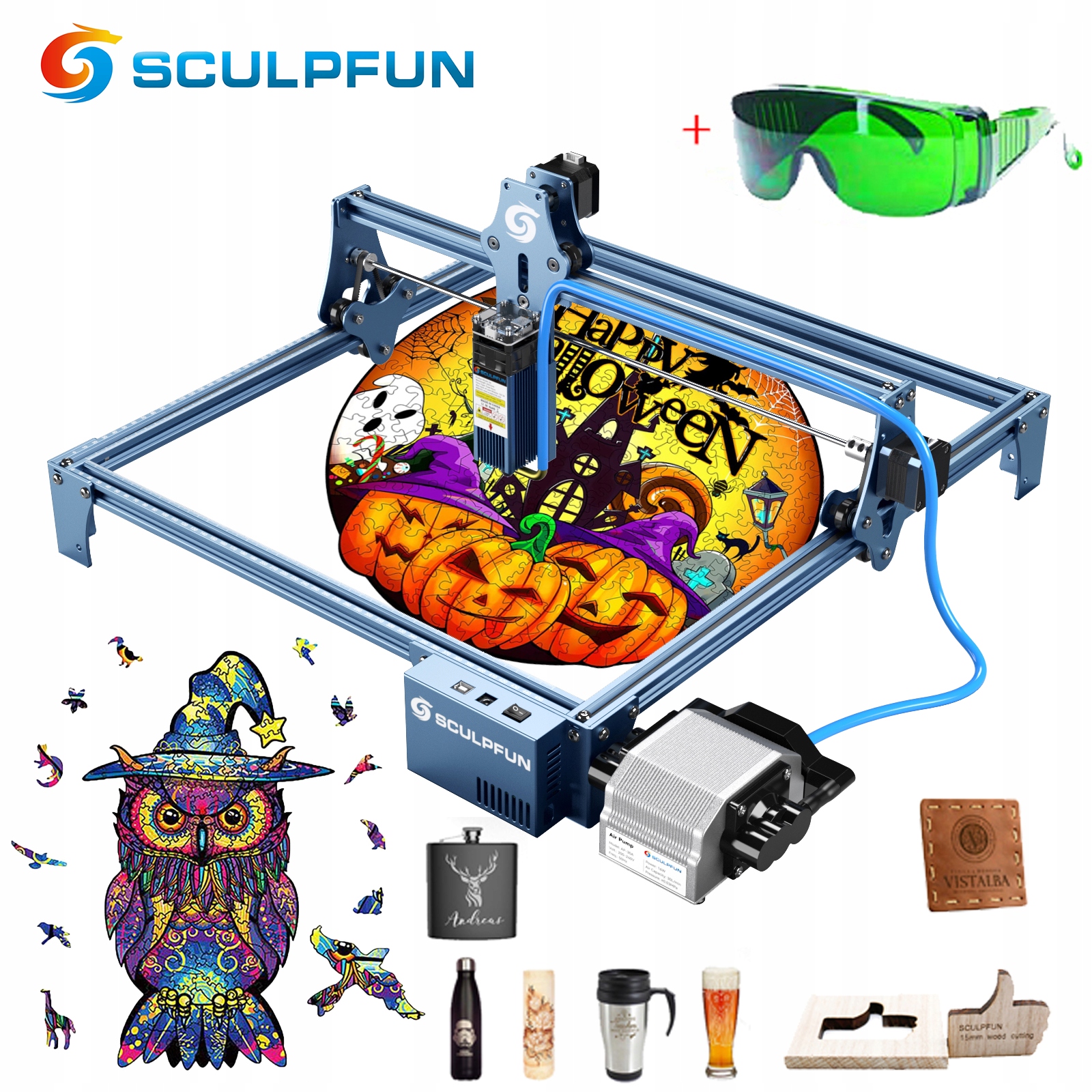 Нова лазерна гравірувальна машина SCULPFUN S9 90W + повітряний насос