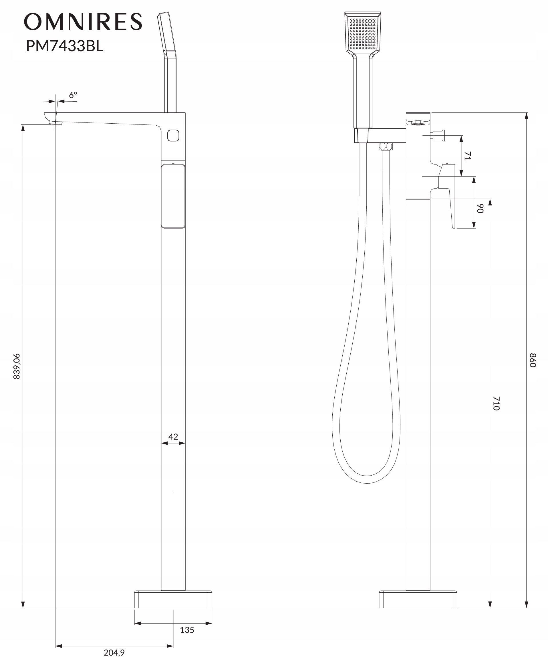 Окремостоячий чорний змішувач для ванни Omnires Parma Код виробника PM7433BL