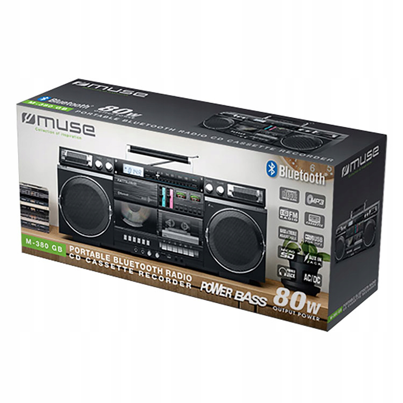 BOOMBOX CASSETTE RADIO AUX IN BLUETOOTH VCR MUSE M-380 GB GHETTO Чорний колір